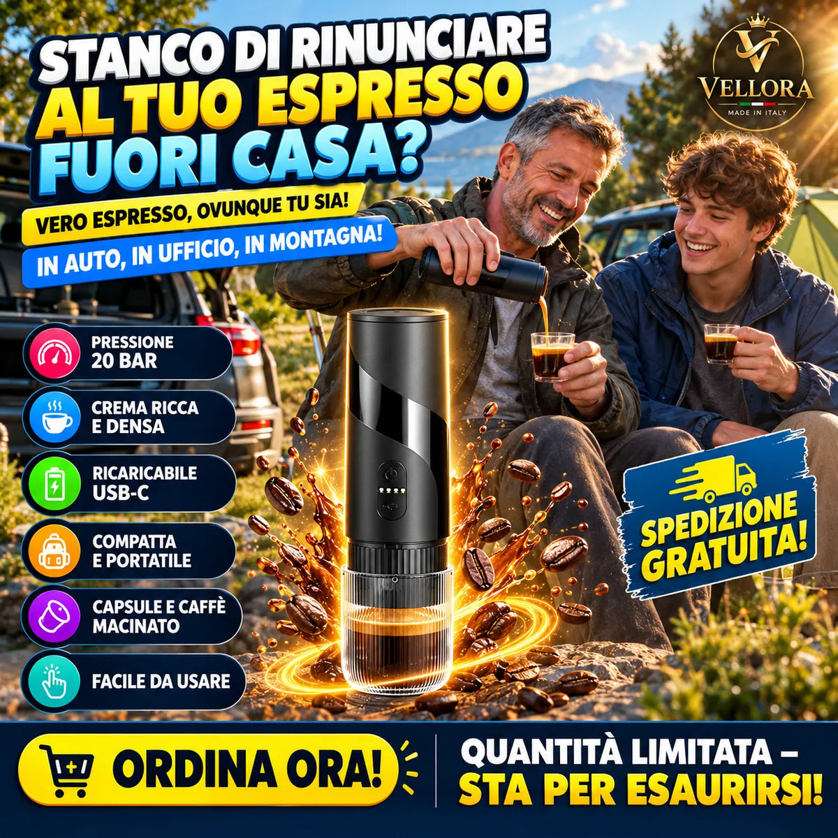 Macchina da Caffè Espresso Portatile Ricaricabile – Compatibile con Capsule e Caffè Macinato